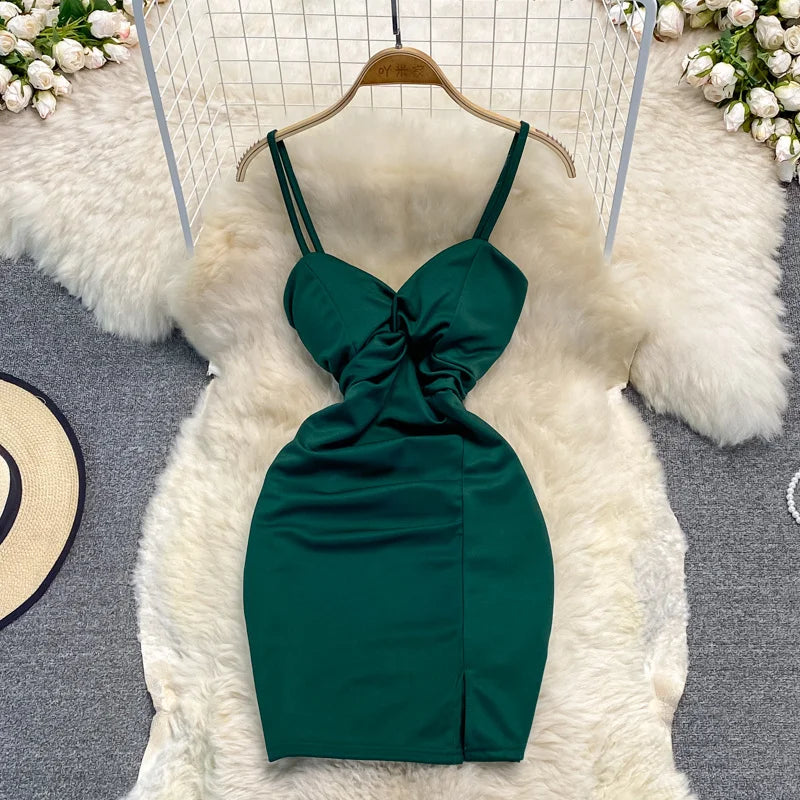 Sexy Spaghetti Strap Dress Women's Side Slit Hip Wrap Mini Dress