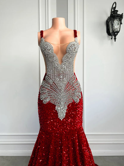 Gorgeous Long Mermaid Style Luxury Sparkly Silver Crystals Red Sequin