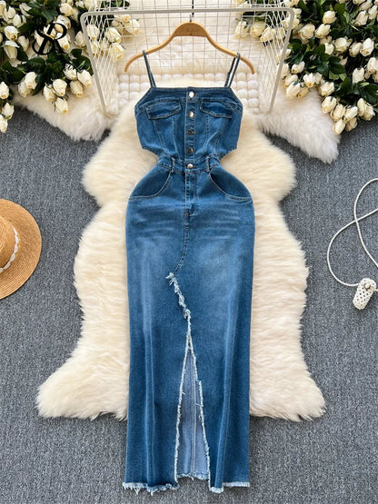 SINGREINY Chic Denim Dress High Quality Sleeveless Buttons Pockets Raw Split Design Women Summer Vintage Strap Dress