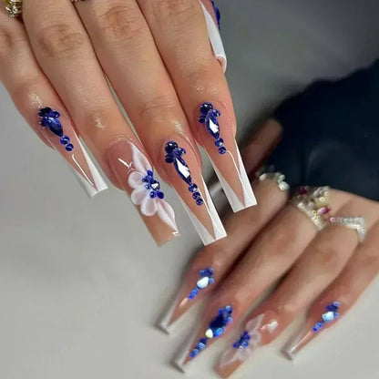 24Pcs Gold Flower False Nails Simple with Rhinestones French Design Wearable Fake Nails Full Cover Press on Nails Tips Art