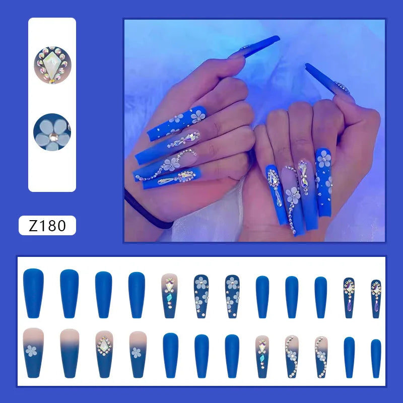 24pcs Artifical Fake Nails Long Coffin French Ballerina Wearable False Nail Tips Finished Rhinstones Flower Design Press on Nail