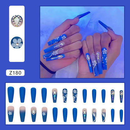 24pcs Artifical Fake Nails Long Coffin French Ballerina Wearable False Nail Tips Finished Rhinstones Flower Design Press on Nail