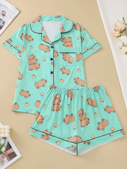 Two-piece set of women's pajamas lapel top and trousers Groundhog summer casual women's pajamas home clothes