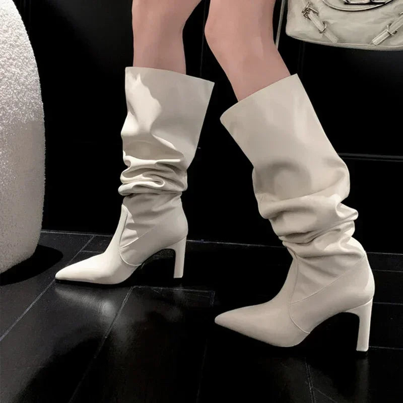 JOZHAMTA Size 34-43 Knee Boots For Women Real Leather Thick High Heels Winter Shoes Fall Fashion