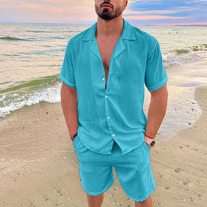 Men's Summer Casual Loose Two Piece Sets Beach Solid Cotton Linen Man Suit Short Sleeve Button Shirt And Shorts Office Outfits