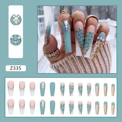 24pcs Artifical Fake Nails Long Coffin French Ballerina Wearable False Nail Tips Finished Rhinstones Flower Design Press on Nail