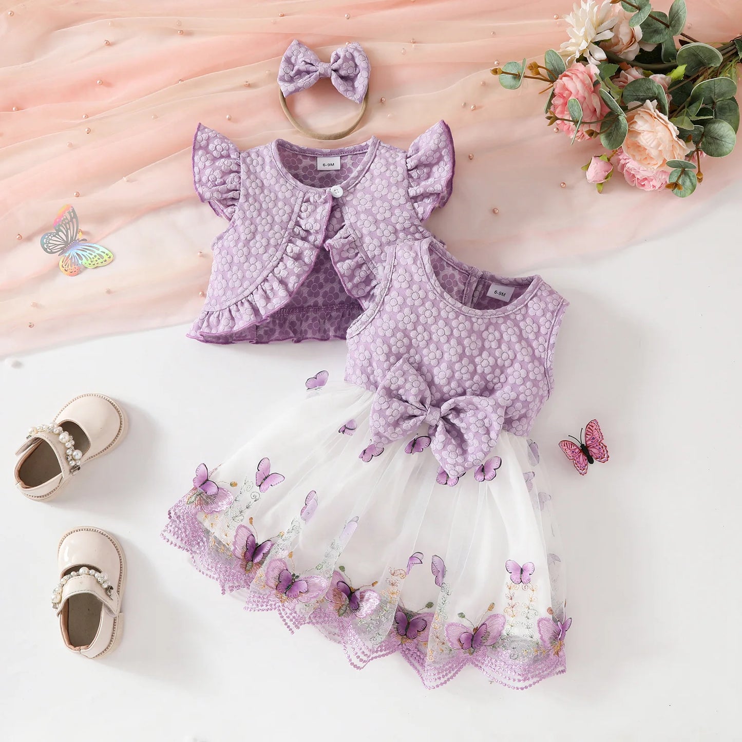 Baby Dresses Birthday Party Costume Pink Jacquard Cardigan Coat and Lace Butterfly Dress For Girls Newborns Infants Clothes