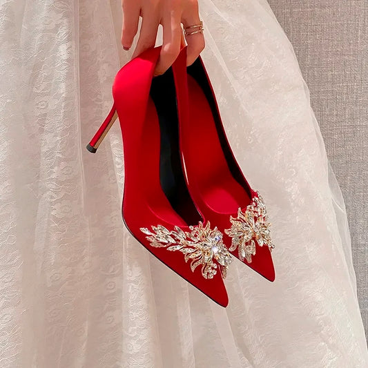 Wedding shoes, red high heels, slim heels, spring/summer/autumn new Korean version pointed toe bride shoes, high heels