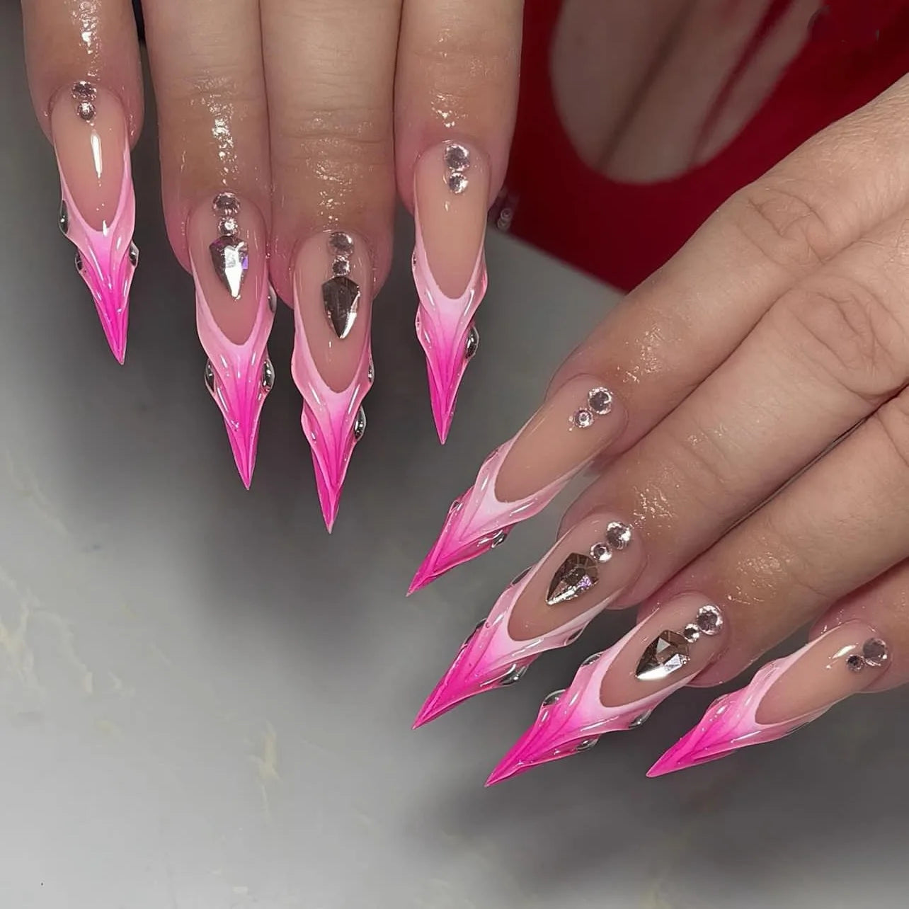 24Pcs Long Stiletto Almond Head Fake Nails with Rhinestone Design Wearable Pink French Press on False Nails Jelly Stick-ons