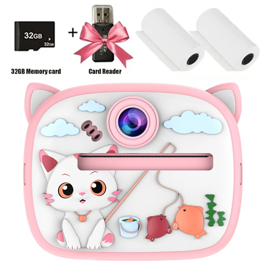 Children Digital Camera Instant Print for Kids Thermal Print Rabbit Camera Instant Photo Printing Camera Video Toys+32G Memory