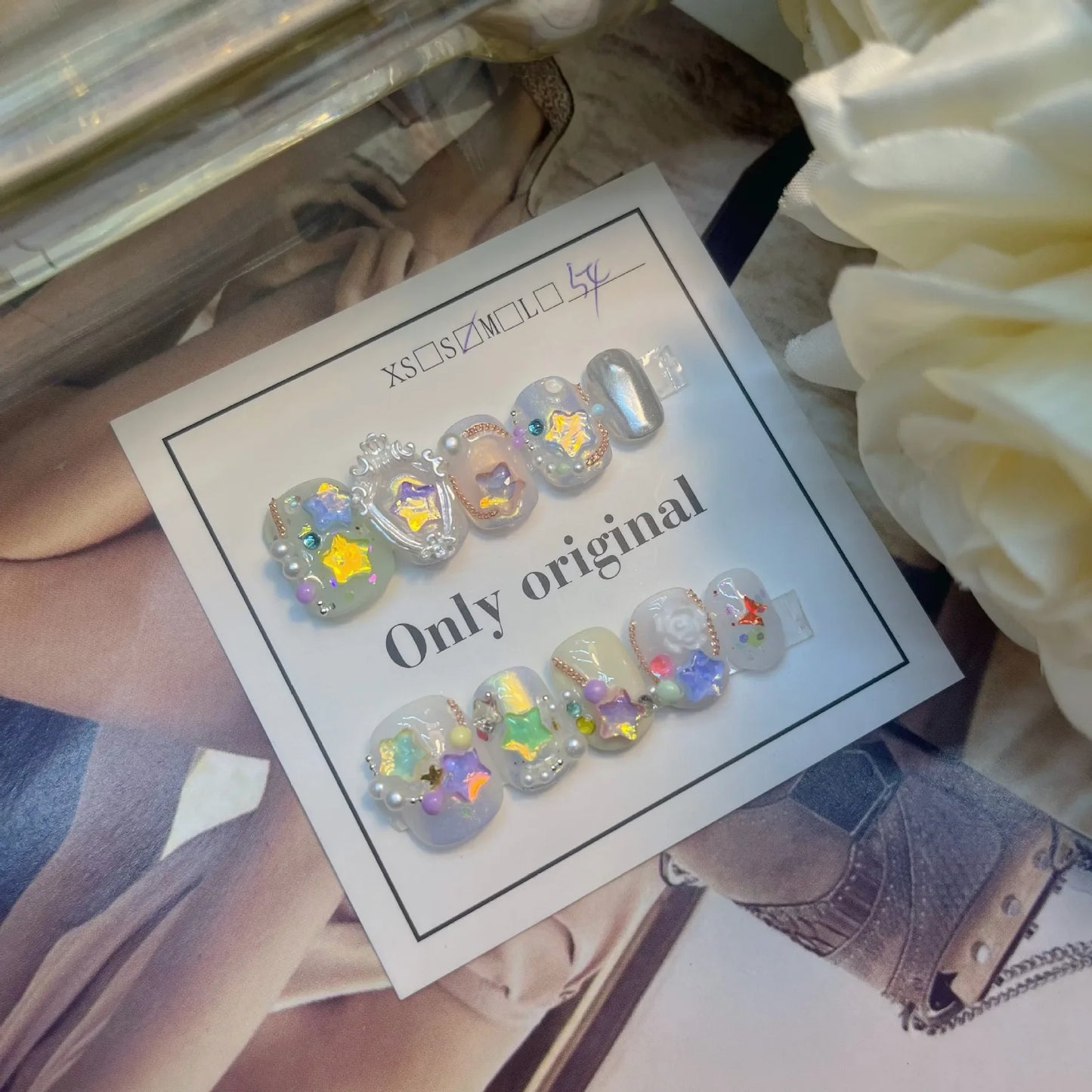 10Pcs Short Handmade Cute Press on Nails Sweet French Rhinestone