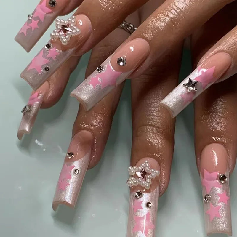 24pcs Artifical Bails With Glue Fake Nail Tips With Design Detachable Press On Nails Long Fake Nail Finished Nail Piece Sticker