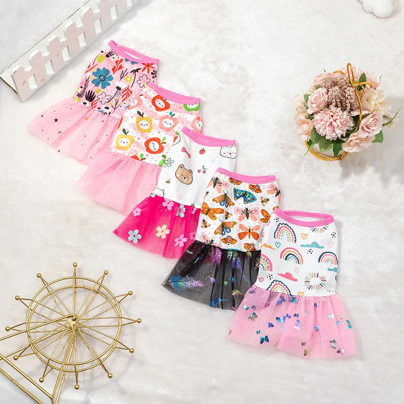 Lace Puppy Skirt Dog Dress Pet Apparel Mesh Fashion Printing Skirt Spring Summer Thin Pet Clothes Sweet Cute Princess Dress