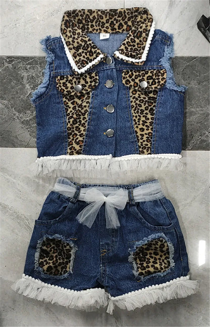 1-6years Baby Girls Denim Casual Outfit Sets Sleeveless Leopard Print Denim Top + Leopard Print Denim Shorts Suits Girls