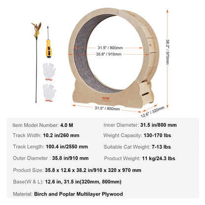 Cat Exercise Wheel Natural Wood Silent Running Toy Treadmill Roller Wheel with Detachable Carpet for Most Cats Pet Fitness