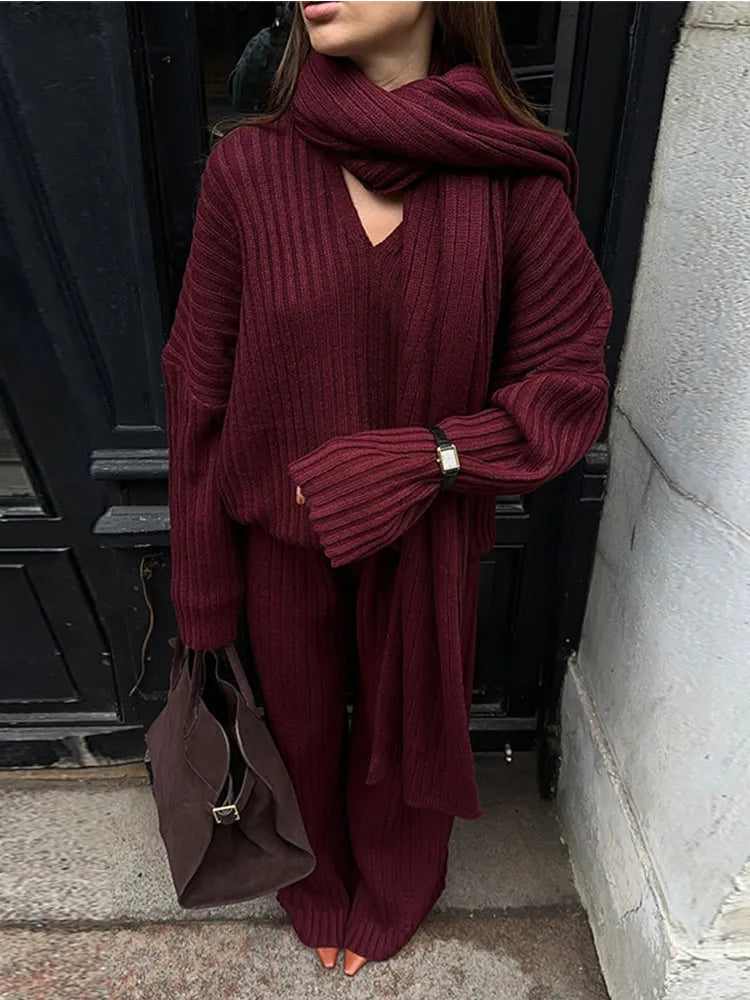 Elegant Burgundy Color Women's Loose Wide Leg Pants Set Chic Scarf Collar V-neck Knitted Sweater Suits Lady Street Knitwear