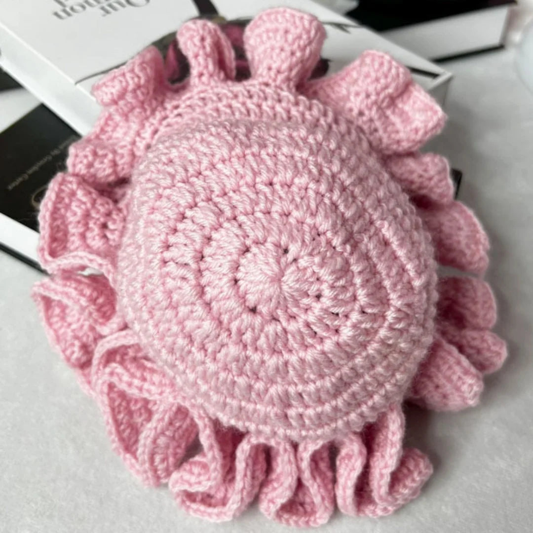 Handmade Crochet Knitted Hats Women Girl Crochet Scallop Ruffle Edge Knit Bucket Caps Adult Trendy Rainbow Striped Beach Sun Hat