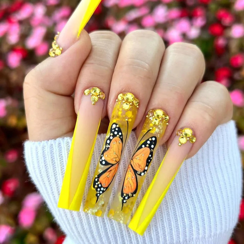 24pcs Artifical Fake Nails Long Coffin French Ballerina Wearable False Nail Tips Finished Rhinstones Flower Design Press on Nail