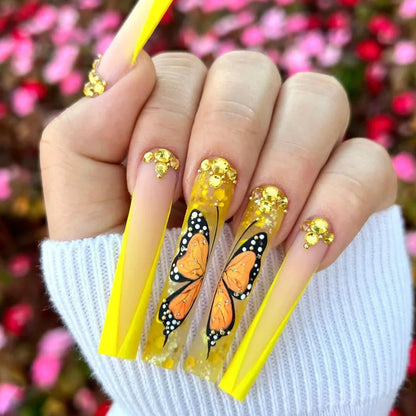 24pcs Artifical Fake Nails Long Coffin French Ballerina Wearable False Nail Tips Finished Rhinstones Flower Design Press on Nail