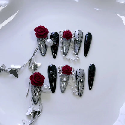 10pcs Long Pointed Press on Nails 3D Black Red Rose Crystal Design