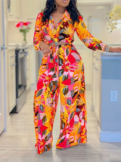 New Long Sleeved Printed Suit For Women Fashion Lapel Single Breasted Shirt Wide Leg Trousers Two Piece Set