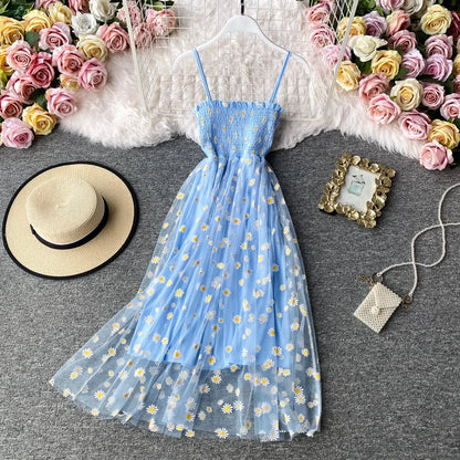 Women daisy Print Dresses Summer Sexy Lace Mesh Dress Spaghetti Strap Ruched Floral