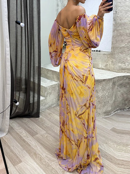 V-Neck Sexy Split Maxi Dress, Long Sleeve Folds Printing Dress