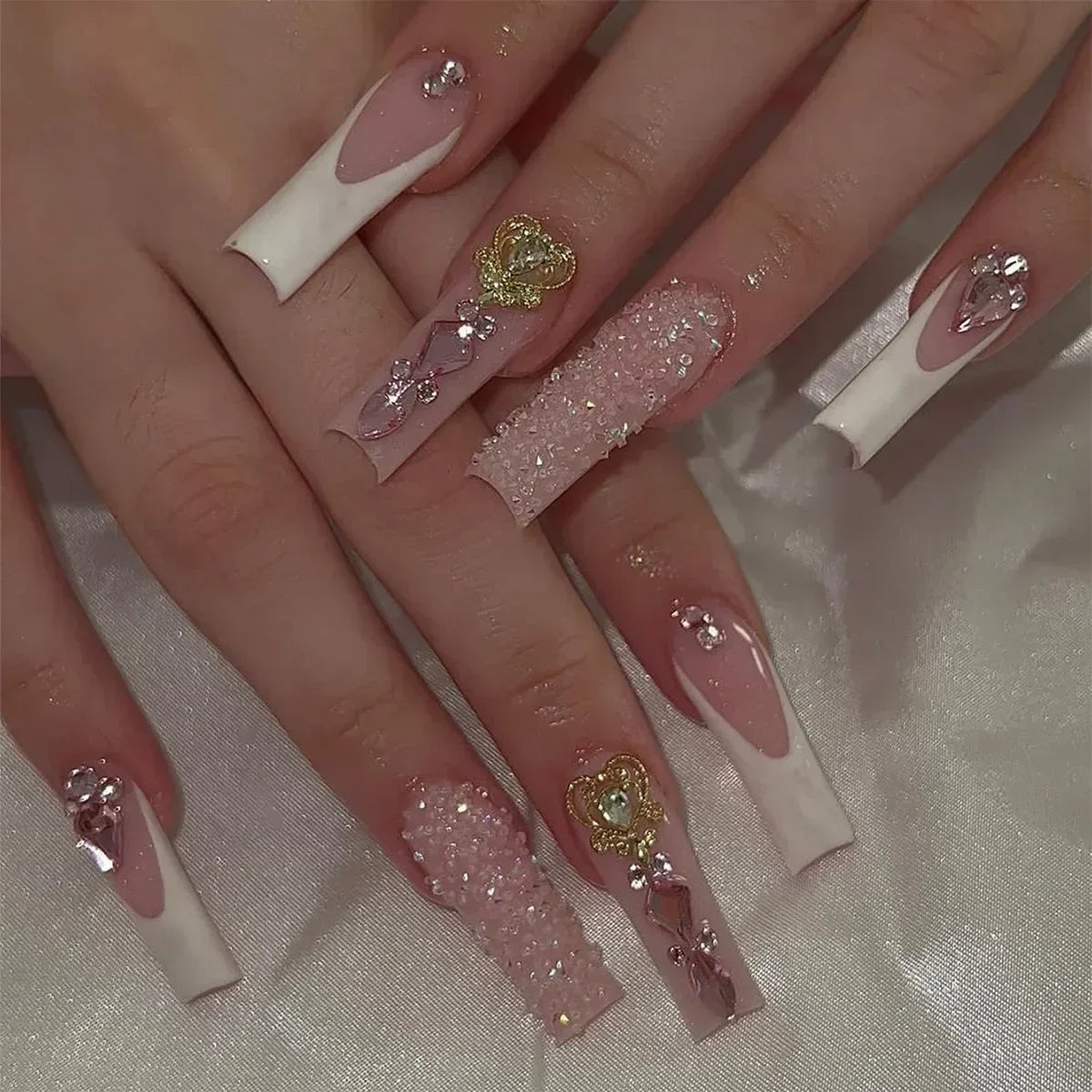 24Pcs White French False Nails Long Ballet Fake Nail with Pearl Bow Flower Design Press on Nails Pink Wearable Square Nails Set