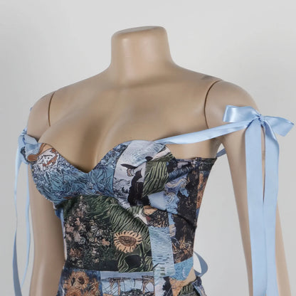 Oil Painting Printed Women's Set Lace Up Back Crop Top and Pants Suit