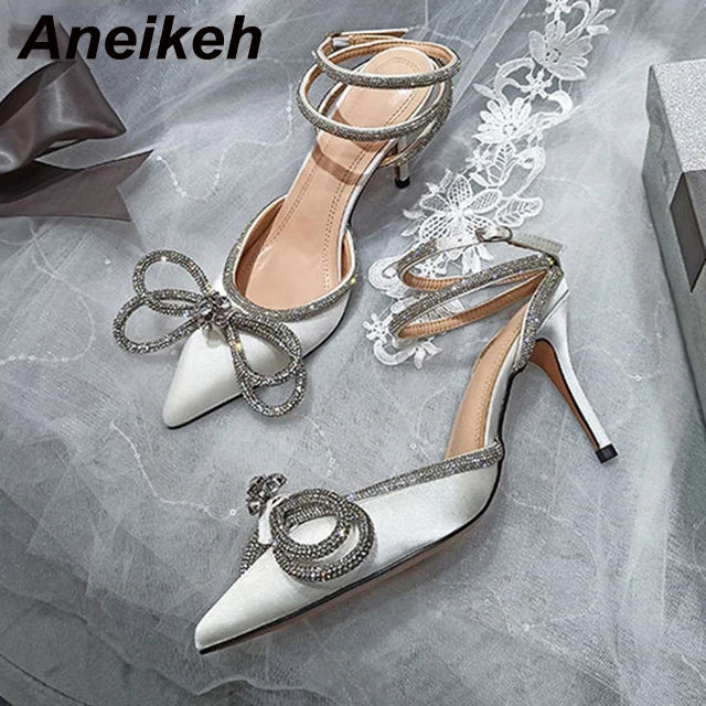 Aneikeh Spring/Autumn 2025 Women's Shoes Fashion Butterfly-Knot Narrow Band Bling Patchwork Cross-Tied Crystal Pointed Toe Pumps