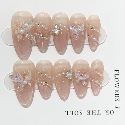 10Pcs Pink Handmade Press on Nails Full Cover Bow Tie Rhinestone Design