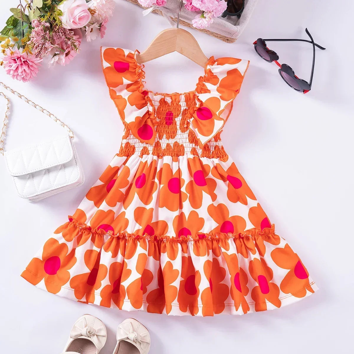 Summer New Kids Dresses for Girls Floral Fly Sleeve Sleeveless Princess Dress Cute Sweet Lovely Fashion Versatile