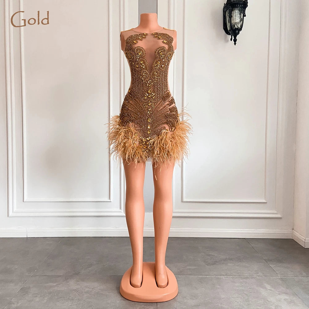 Stunning Sparkly Luxury Diamond Women Birthday Party Cocktail Gowns Sexy Sheer Pink Feather Mini