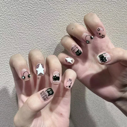 24pcs Black Short Ballet False Nails with Glue French Design Detachable Fake Nails Art Heart Full Cover Press on Nails Tips