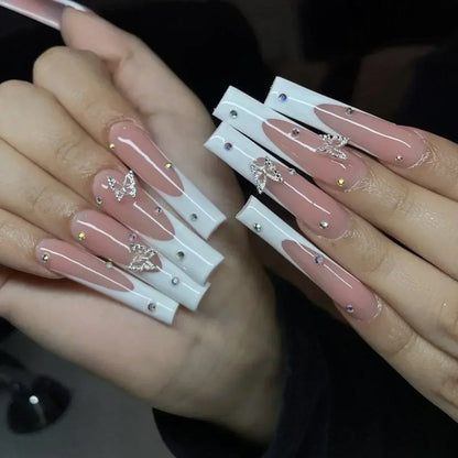 24Pcs Long Ballet Square False Nails Simple French 3d Curve Design Fake Nails Wearable Press on Fake Nails Full Cover Nails Tips