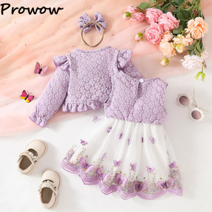 Baby Dresses Birthday Party Costume Pink Jacquard Cardigan Coat and Lace Butterfly Dress For Girls Newborns Infants Clothes