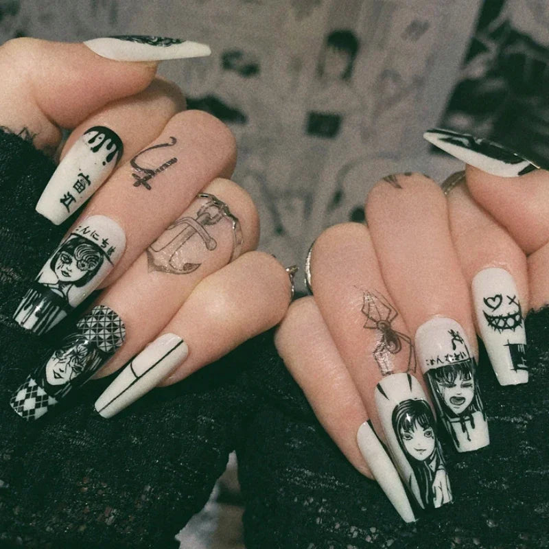 24pcs Artifical Bails With Glue Fake Nail Tips With Design Detachable Press On Nails Long Fake Nail Finished Nail Piece Sticker