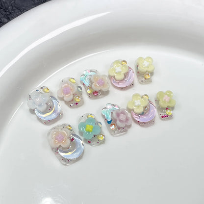 10Pcs Short Handmade Cute Press on Nails Sweet French Rhinestone