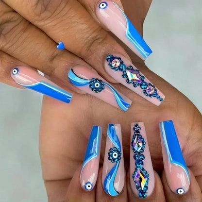 24Pcs False Nails Long Coffin Ballet French with Rhinestones Wearable Fake Nails Blue Flower Full Cover Press on Nails Tips Art
