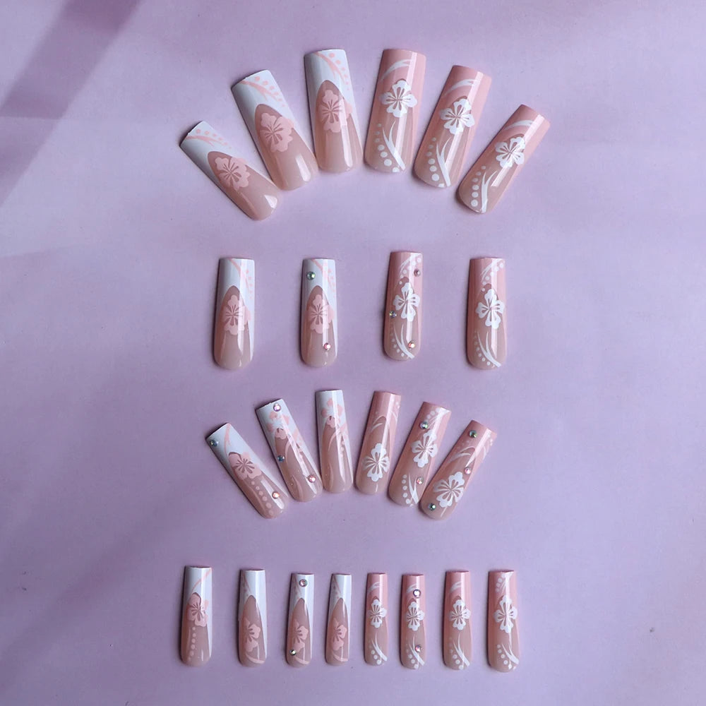 24pcs Medium Coffin White Rhinestone Full Cover Fake Nail Set Floral Press On Nails Sakura Design For Girl Mother Women Gift