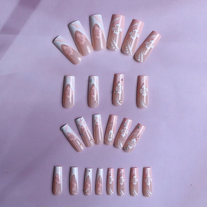 24pcs Medium Coffin White Rhinestone Full Cover Fake Nail Set Floral Press On Nails Sakura Design For Girl Mother Women Gift
