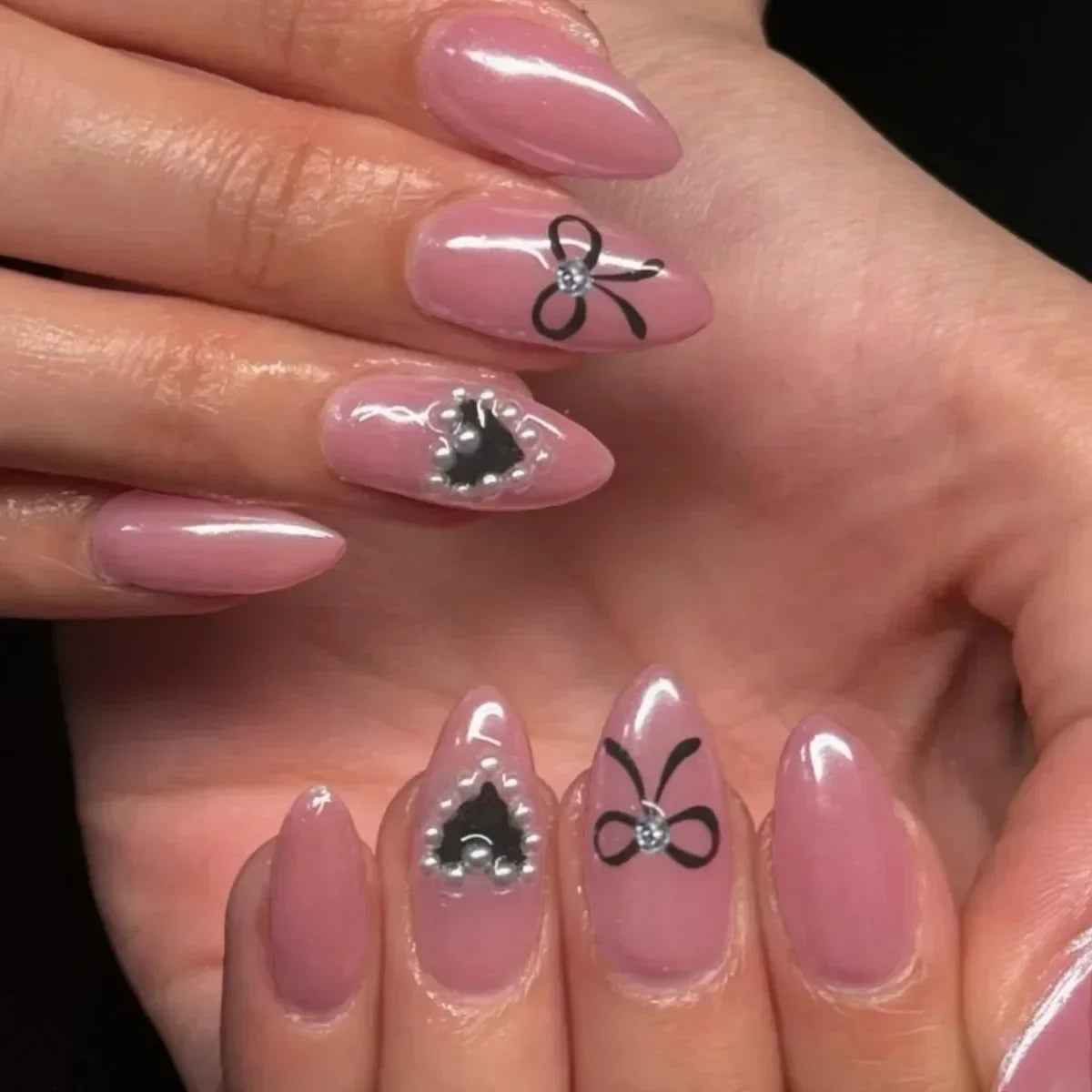 24Pcs Pink Almond French Press on Nails With 3D Bow ripple charms Design Fake Nails Ballerina False Nails Full Cover Nail Tips