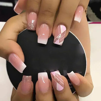 24Pcs Short Square French False Nails with Flower Shiny White Edge Design Pink Glitter Fake Nails Full Cover Press on Nails Tips