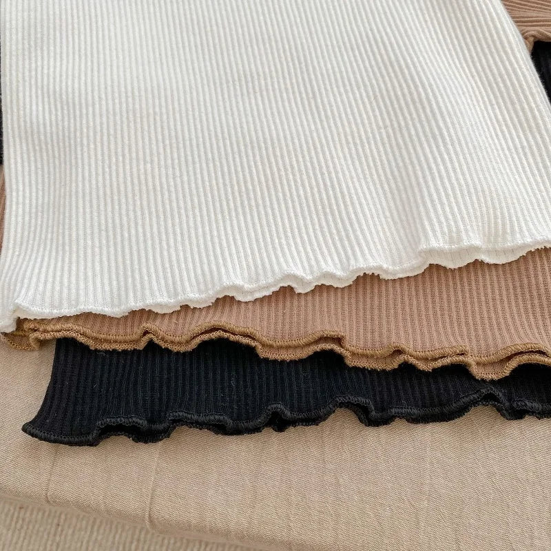 Autumn Baby T-shirt Girl Solid Color Crew Neck Long Sleeve Ribbed