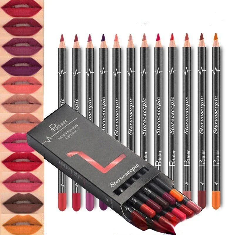 12 Pcs/Set Waterproof Pencil Lipstick Set Pencil Matte Lip Liner Long-lasting Make-up Pens Easy Wearing Non-Sticky Cups