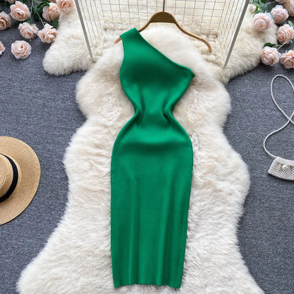 Sexy One Shoulder Knitted Bodycon Mini Dress