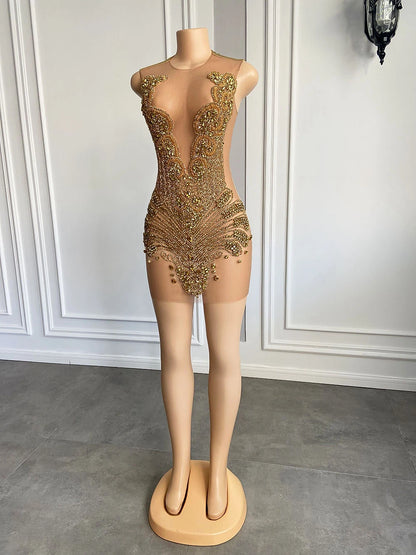 Sexy Sheer See Through Black Girl Short Prom Dress Golden Diamond Luxury Beaded Crystals Women Cocktail Party Gowns For Birthday
