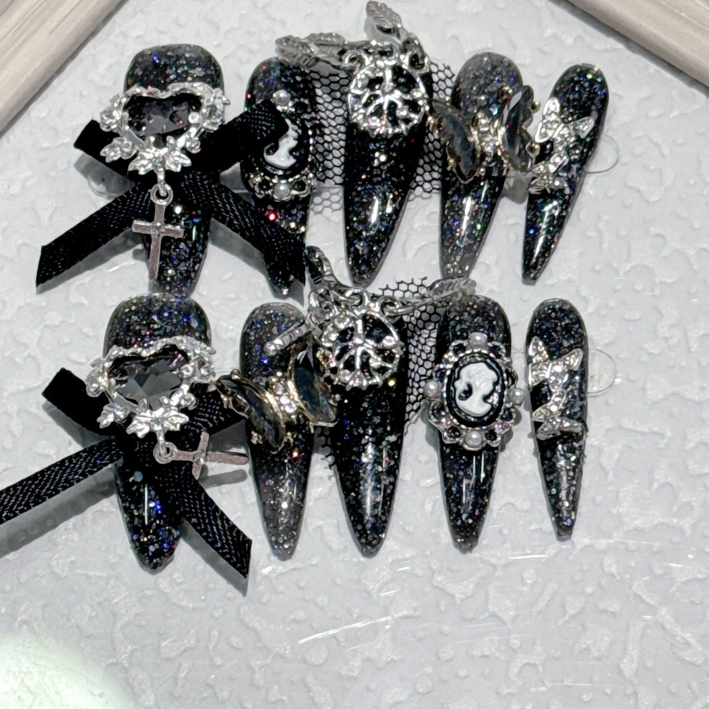 10pcs Long Pointed Press on Nails 3D Black Red Rose Crystal Design