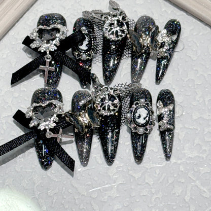 10pcs Long Pointed Press on Nails 3D Black Red Rose Crystal Design