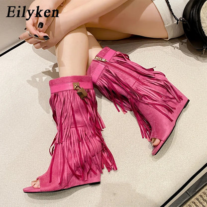 Eilyken Designer Fringe Wedges  Boot Sandals Woman High Heels Open Toe Party Prom Shoes 2025 Sexy Zipper Female Pumps